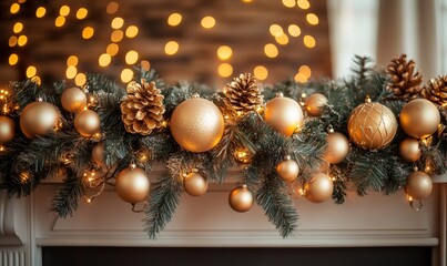 Pine garland with golden christmas ornaments, pine cones, and twinkling string lights creating a festive holiday atmosphere above a fireplace