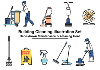 ビル清掃スタッフと清掃道具を組み合わせた作業シーンのイラストセット｜各種清掃機器や作業動作を簡潔な線と色でまとめたビジュアル素材