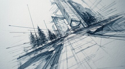 Sketch of a modern city with tall buildings and coniferous trees