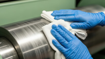 Worker hands in blue gloves carefully cleaning metal cylindrical machine roller with white cloth in industrial workshop for maintenance safety and production quality control