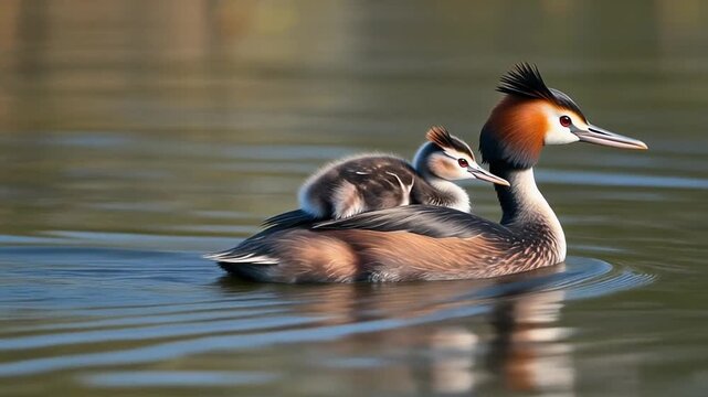 Great crested grebe chick riding on the back of its parent, mp4 video. AI
