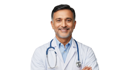 High quality image of smiling male doctor with stethoscope and arms crossed representing doctor, male, man