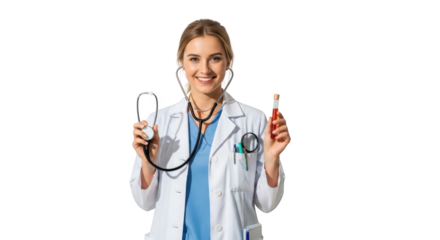 Detailed depiction of smiling female doctor holding medical tools emphasizing doctor, female, woman with elegant tone