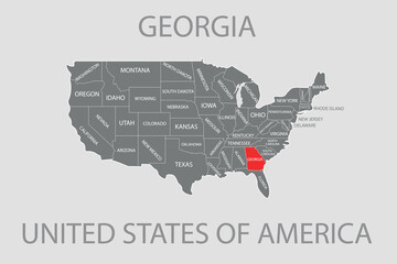 Georgia State, USA, vector map isolated on United states map. Editable blank vector map of USA.
