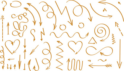 Hand drawn vector arrows set. Gold sketch pointers, doodle hearts, swirls, and scribbles collection.
