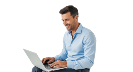Smiling man working on laptop concept highlighting man, male, person captured in modern professional photography style