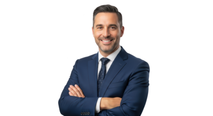 Smiling professional businessman with arms crossed on white background concept highlighting man, businessman, professional captured in