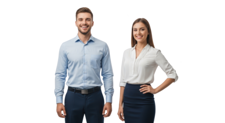 Detailed depiction of smiling professional business man and woman standing together emphasizing man, woman, male with