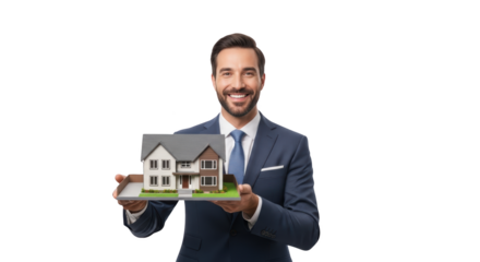 Smiling realtor holding miniature house visualized beautifully showing realtor, real, estate with realistic texture and balanced