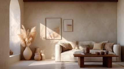 Warm living room with neutral tones, pampas grass, sofa, table, and textured walls