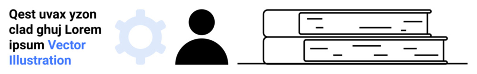 Learning, knowledge sharing, digital tools, profile settings, education, online resources. User profile icon, gear next to it two stacked books. Knowledge sharing and digital tools concept