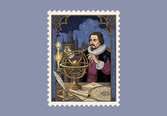 Illustration of a man with an armillary sphere set against a starry night sky and castle