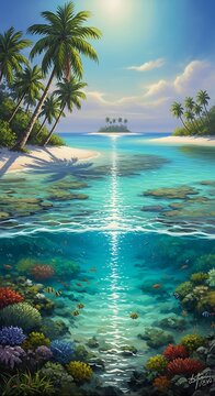 Tropical Paradise Split View Underwater and Above Water with Palm Trees and Coral Reef.