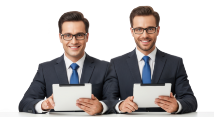 Two businessmen holding digital tablets visualized beautifully showing businessmen, business, men with realistic texture and balanced