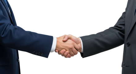 Detailed depiction of two businessmen in suits shaking hands on a white background emphasizing handshake, business,