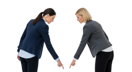 High quality image of two businesswomen pointing down together on a white background representing women, businesswomen,
