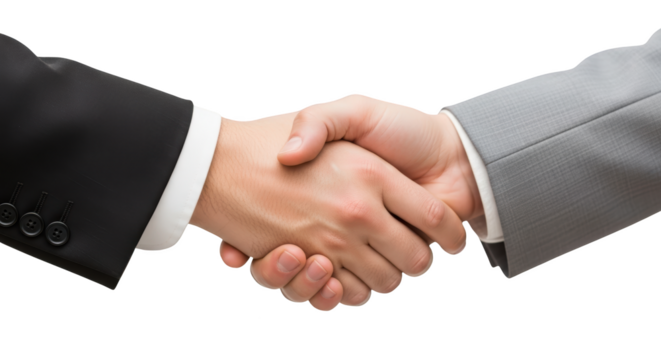 Detailed depiction of two businessmen shaking hands on a white background emphasizing handshake, business, agreement with - Powered by Adobe