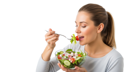 Creative representation of woman eating fresh healthy salad focusing on salad, woman, eating ideal for branding,