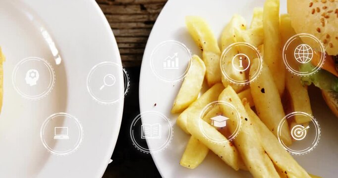 UI icons fading and floating across plates, glitch slicing, burger shifting left, showing menu data