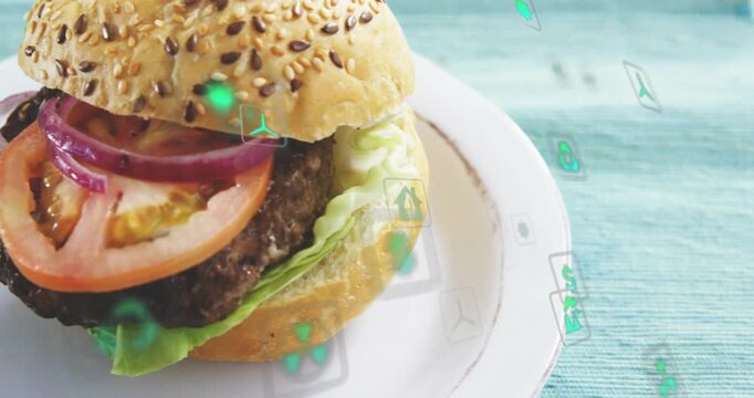 Camera pulling back, green icons drifting left crossing plate, burger centering showcasing textures