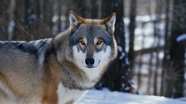 Grey wolf canine in winter woodland, mp4 video. AI