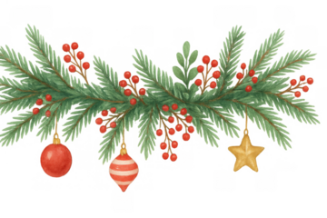 Christmas garland watercolor border with fir branches, red berries and holiday ornaments on transparent background
