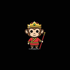 Fototapeta premium Cute Cartoon Monkey King Character with Crown and Staff.