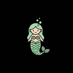 Cute Cartoon Mermaid with Green Hair and Tail.