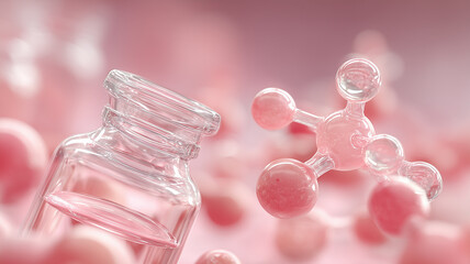 Scientific molecular structure beside a laboratory vial symbolizing chemical formulation, research progress and biomedical innovation.