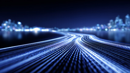 A dynamic flow of digital pathways illustrating fast data transmission across a connected metropolitan landscape, symbolizing speed, communication and modern networking.
