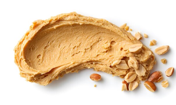 clean short round curved swatch of a sandy-textured peanut butter spread with some peanuts nuts, white surface