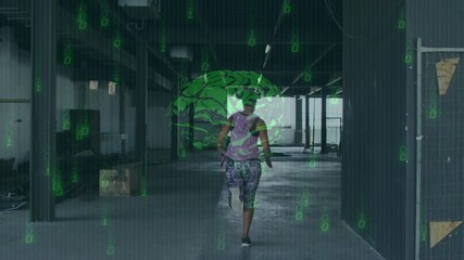 Woman running down hall for fitness, motion causing green brain overlay tracking and intensifying - Powered by Adobe