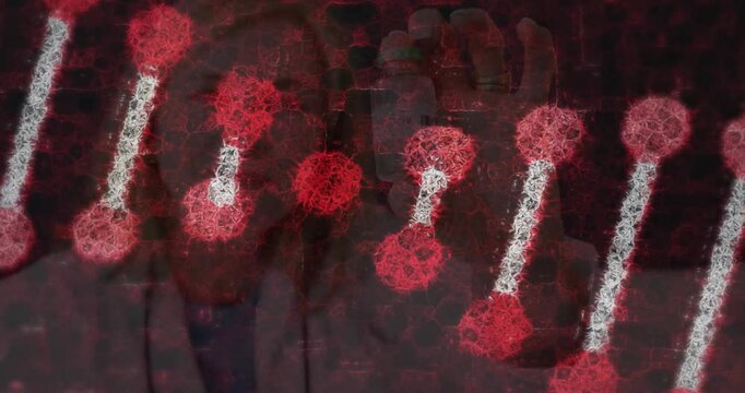 Medical presenter when raising capsule to camera, showing drug use, molecular overlay covering face