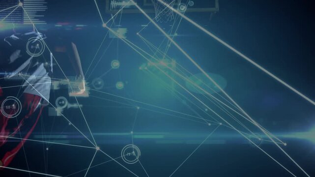 Athlete running left, planting and launching basketball one-hand dunk to score while HUD tracks arc