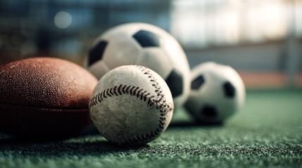 A Variety of Sport Balls on Green Surface, Football, Soccer, Baseball