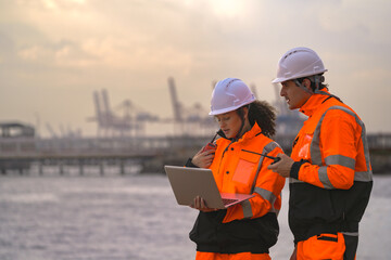 Smart logistics experts managing global freight via cloud AI software. Sustainable shipping team...
