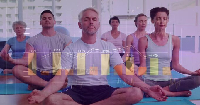 Man center and five peers following breath cues, shifting mudras for meditation, overlays updating