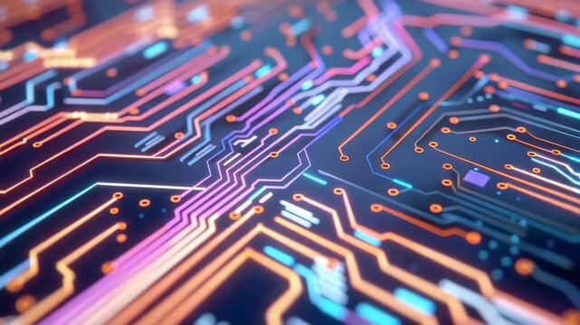 Digital Symphony: A vibrant microchip motherboard showcases a complex web of intricate circuits and pathways. A high-tech vista of technology