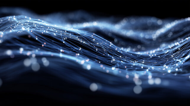 A flowing data stream concept visualizing continuous digital information waves across a technological landscape.
- Powered by Adobe