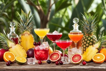 Tropical Cocktails & Refreshing Drinks with Exotic Fruits - Perfect Summertime Party Display with Pineapple, Orange, and Berry Garnishes