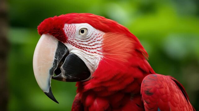 Scarlet Macaw in Profile: A vibrant scarlet macaw showcases its striking plumage and intense gaze, epitomizing the exotic beauty of the tropics.