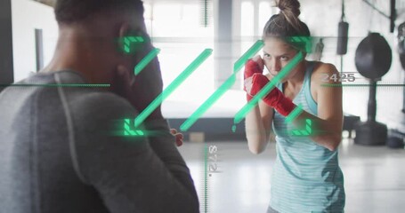 Female boxer executing repeated jabs toward coach holding pad, HUD tracking for boxing training - Powered by Adobe