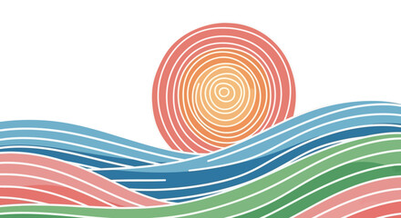 Abstract landscape illustration featuring a stylized sun rising over colorful wavy bands