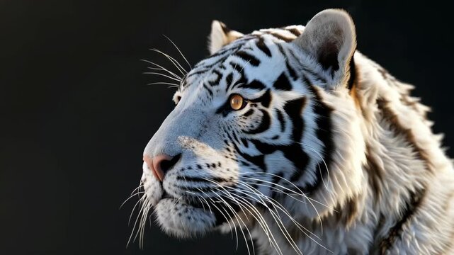 Serene Tiger: A majestic white tiger, its striking patterned coat and piercing gaze capturing the essence of the wild, isolated against a dark backdrop. 
