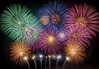 Fototapeta premium A dazzling array of multi-colored fireworks exploding in a dark night sky, featuring vibrant bursts of green, blue, purple, pink, and gold, capturing the peak of a festive celebration.