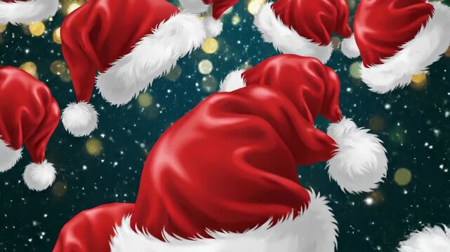Festive red santa hats floating against a dark blue background with bokeh