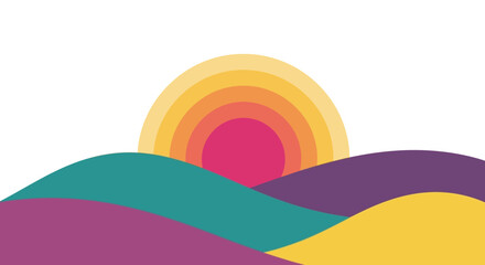 Stylized sunset or sunrise over colorful undulating hills
