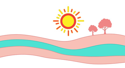 Sunny landscape with a wavy river band and pink hills and trees