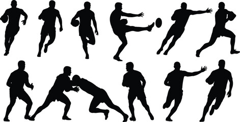 Rugby Players in Dynamic Action Silhouettes Set, Vector Illustration of Running, Kicking, and Tackling Poses, Sports and Team Game Design Elements