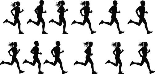 Running people silhouettes black vector illustration set of men and women doing cardio exercises, jogging, marathon, fitness training, and race competition on white background, group of runners 